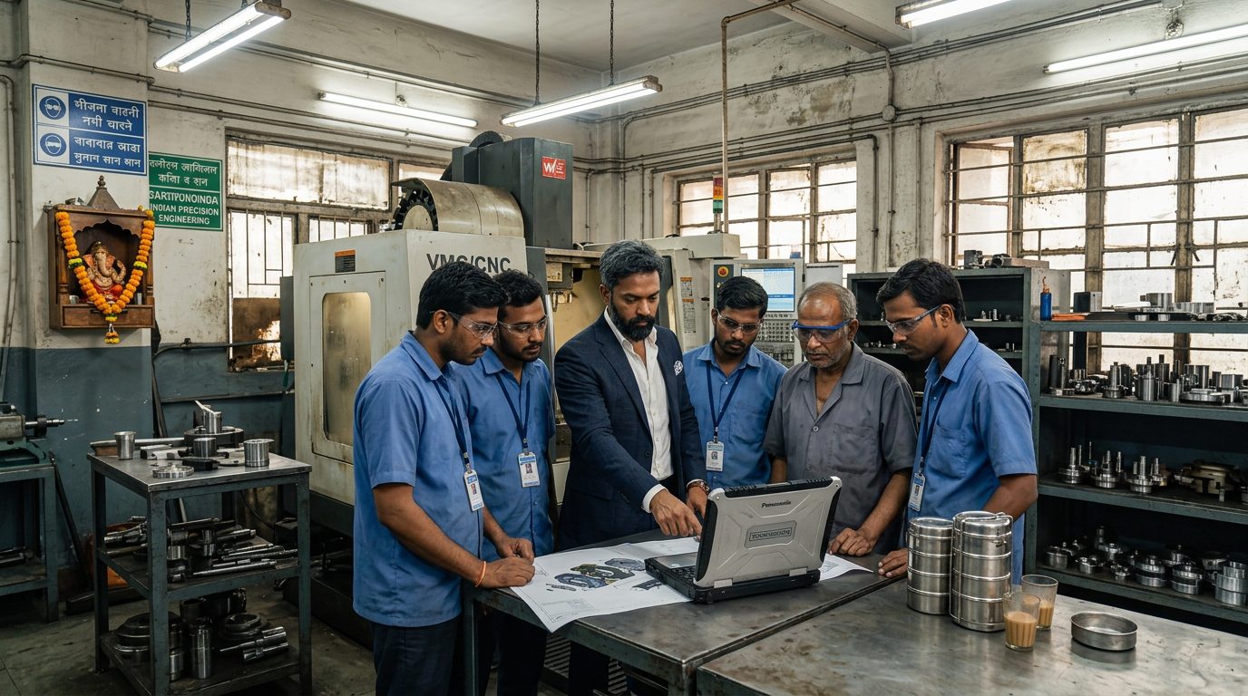 Bikram Das reviewing a CAD assembly with the Unicron engineering team on an Indian precision manufacturing shop floor